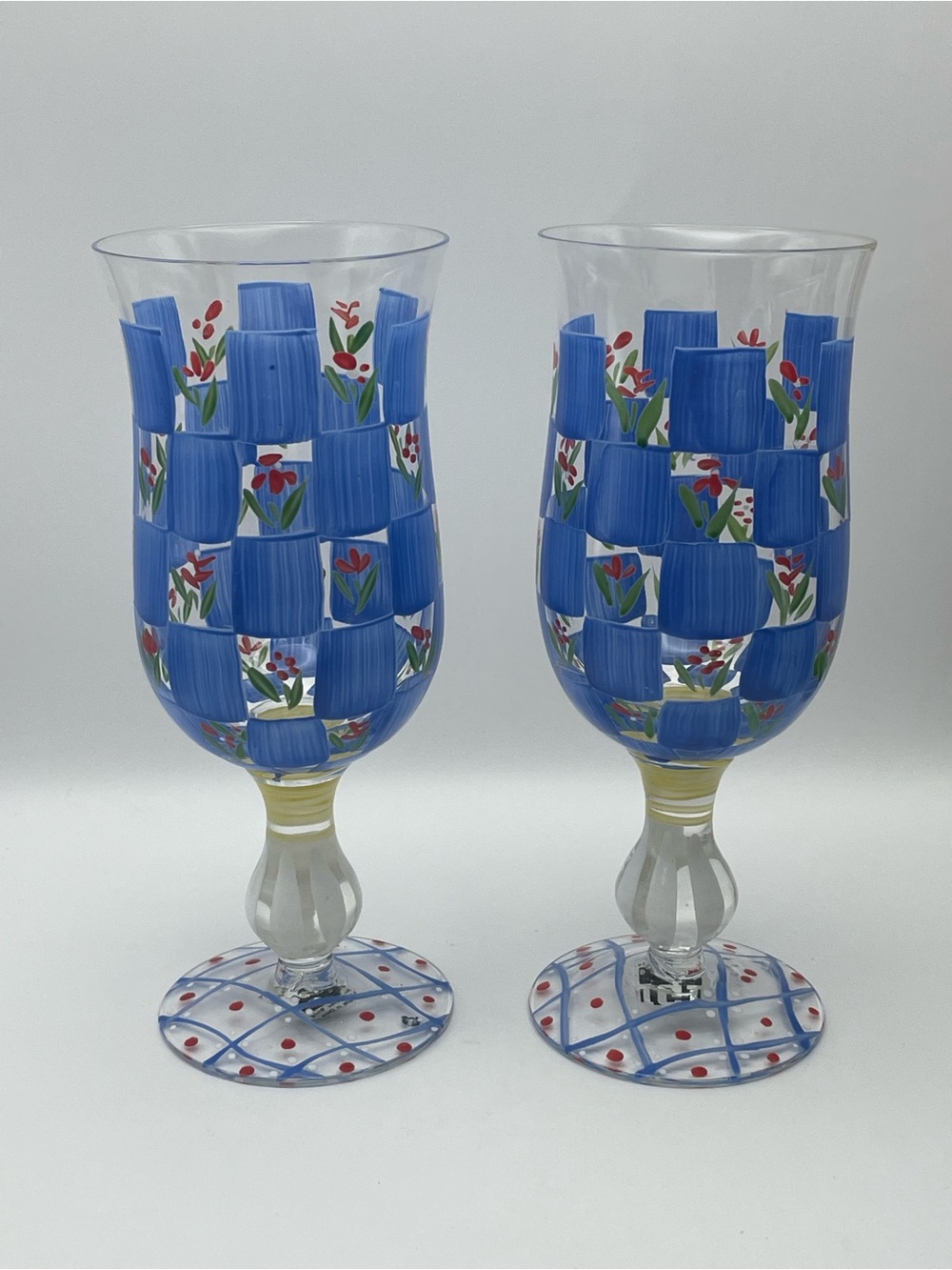 Pair of IGI Stemmed Water Glasses By 
Da Zhou Wang, Hand Painted, Made In China